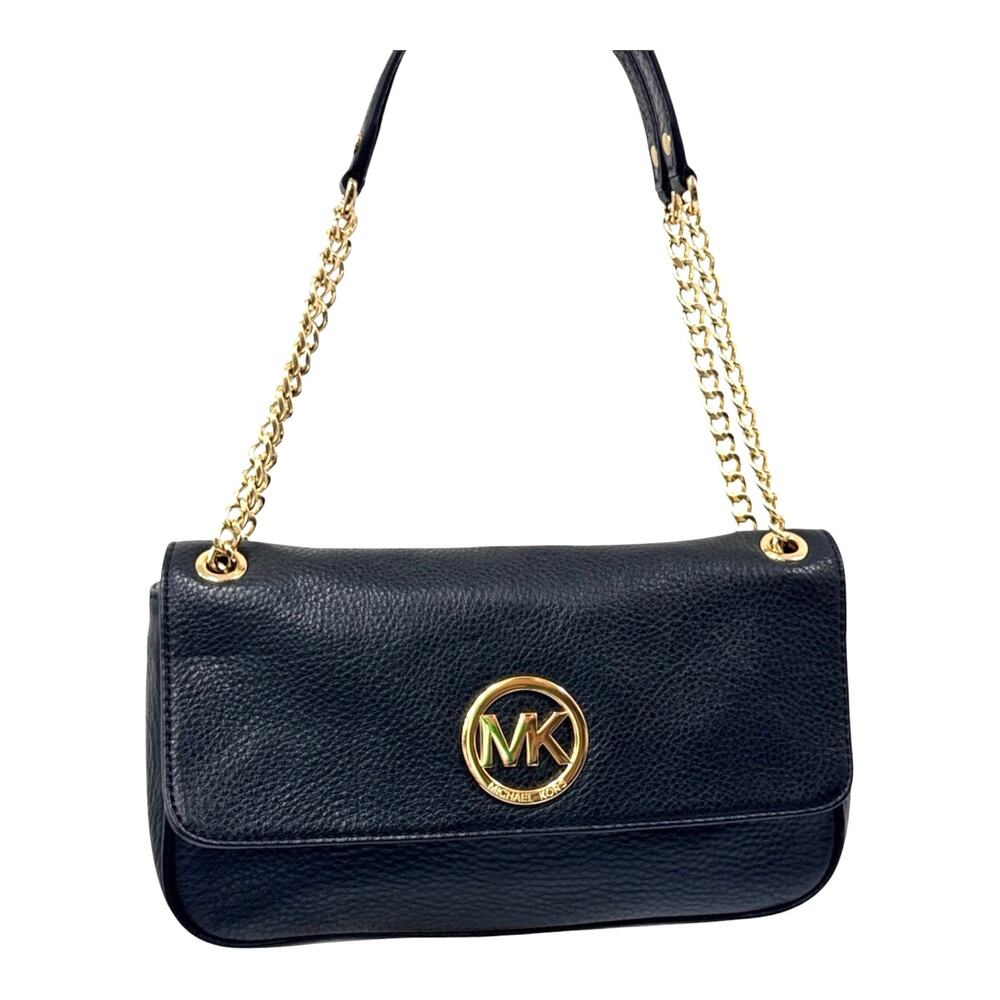 Michael Kors Fulton Small Black Leather Flap Shoulder Bag Gold Tone Chain Strap